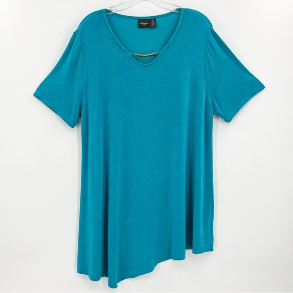 Chico's Travelers Slinky Knit Blue Asymmetrical Hem w/Neck Chain Blouse Top XL - Picture 1 of 9